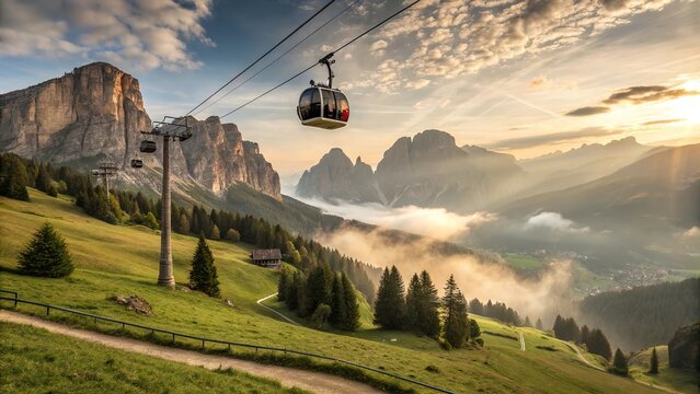 Cable Car Mountain Scenery Sunrise Landscape Alps Dolomites Italy Travel Tourism Transportation Hiking Nature Valley Clouds Green Meadows Summer Destination