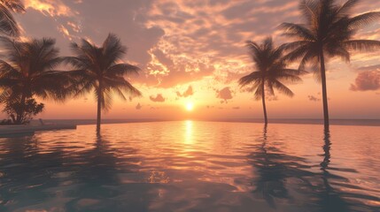 Tropical Sunset Reflections over Infinity Pool, with Palm Trees and Orange Sky