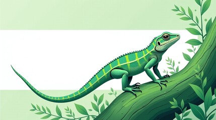 Fototapeta premium Illustrative green lizard climbing on vividly colored plants.
