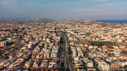 Aerial view of urban landscape and coastline.