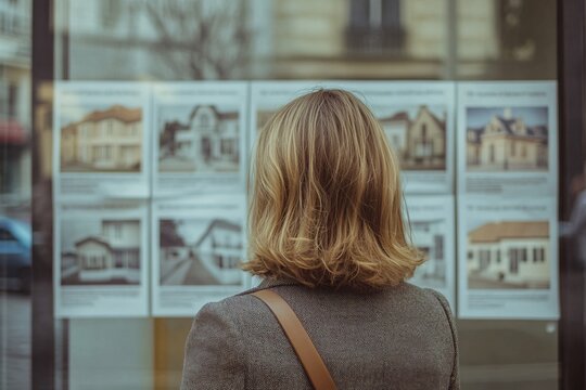 Woman looking at real estate listings in a city window during autumn with warm sunlight reflections