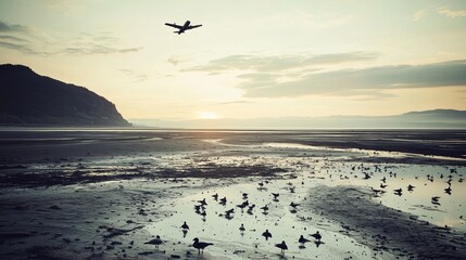 Dramatic Aerial Shot of Warplane Over Barren Twilight Landscape