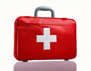 First aid kit in a red bag with a white cross on white background, ready for emergency situations. Ideal for medical and safety-related content, emphasizing preparedness and care.