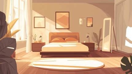 Modern bedroom interior with furniture. Empty bedroom concept. Flat illustration, graphic design. Family bedroom in light pastel color. Sun rays from the window