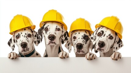 Four Dalmatian Dogs In Yellow Hard Hats Over White Surface