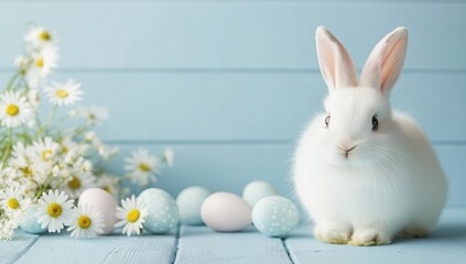 Adorable white fluffy bunny with daisies and pastel blue Easter eggs on a soft light background, perfect spring theme