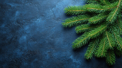Fresh green fir tree branches on dark blue textured background evoke serene atmosphere