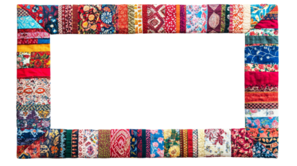 Colorful patchwork frame with intricate designs. A vibrant photo frame made of patchwork fabric pieces in various colors and patterns, perfect for bohemian or artistic decor.