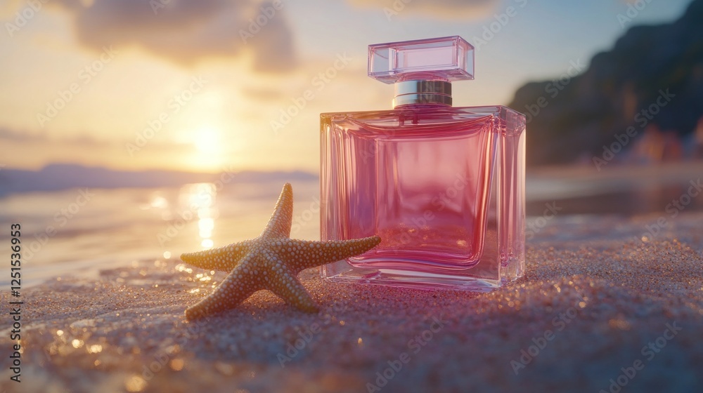 Sticker Pink Perfume Bottle on Beach at Sunset