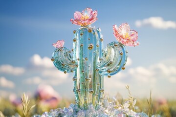 A decorative glass cactus with delicate pink flowers blooms