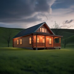 Obraz premium wooden cabin, , sits in a lush green field under a cloudy sky