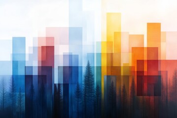 Abstract forest landscape with layered colorful shapes and silhouettes during twilight