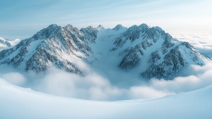 Obraz premium Snowy mountain range above cloudscape