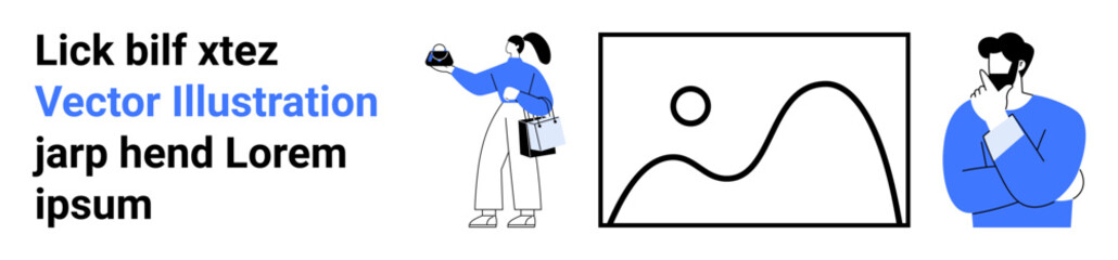 Two individuals, one holding graphs, the other pondering ideas, alongside abstract visuals. Ideal for teamwork, brainstorming, workflow design, business strategy, creativity analytics flat landing