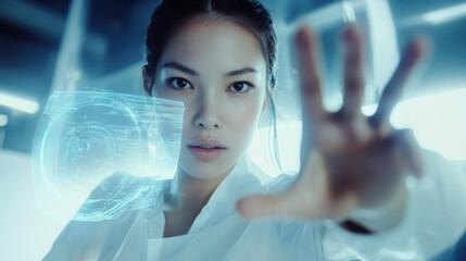 Futuristic asian woman interacting with holographic interface in advanced technology environment with focused expression