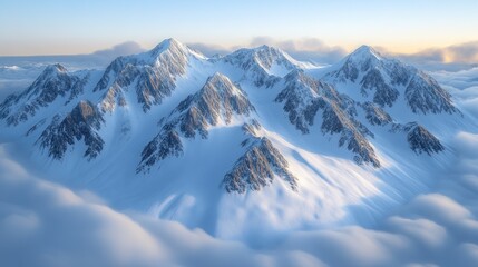 Fototapeta premium Snowy mountain range sunrise, aerial view, cloudscape, travel poster