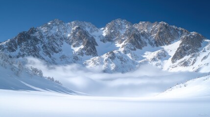 Obraz premium Snowy mountain range, valley fog, winter landscape, travel poster