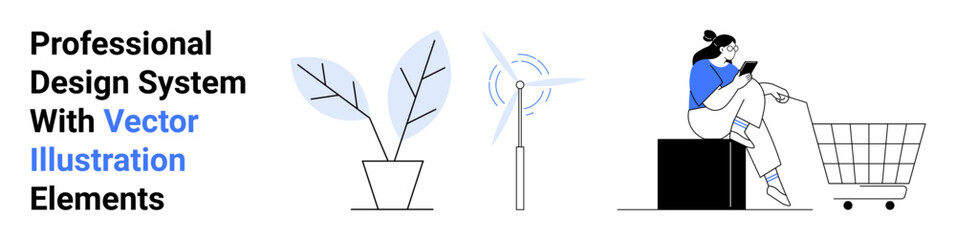 Potted plant, wind turbine, woman using phone near shopping cart emphasize eco-energy, sustainability, modern lifestyles. Ideal for e-commerce, eco-awareness, green energy, sustainability