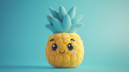 Cute smiling pineapple plushie toy with anime-style eyes and blue background for a fun, playful, cheerful, whimsical, adorable vibe