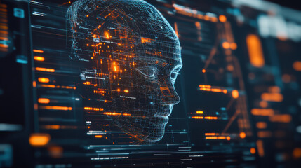 Futuristic digital interface featuring ai technology and virtual face hologram with data streams and neural network connections