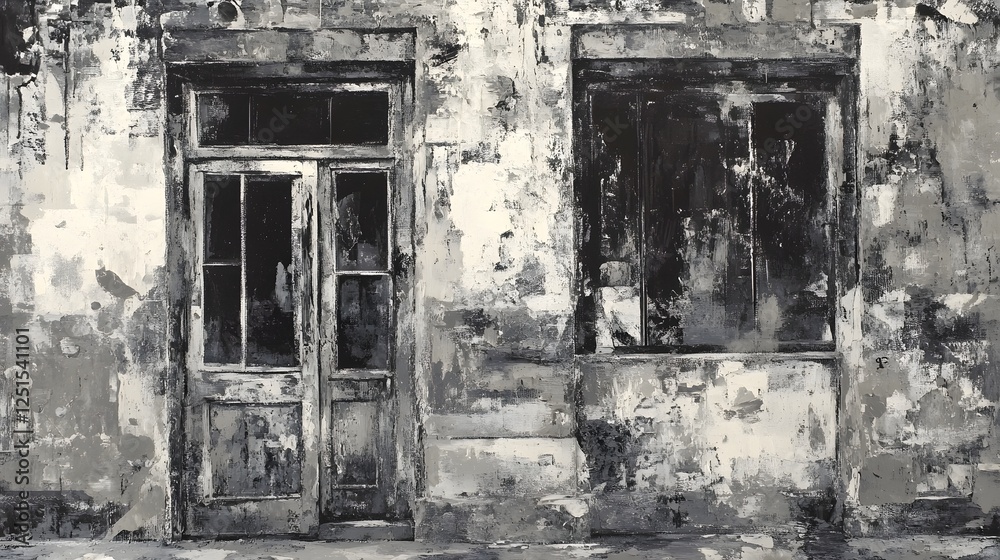 Aufkleber abandoned concrete building facade with cracked walls and broken windows in dilapidated urban enviro