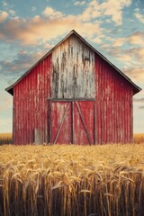 Weathered red barn rising amid golden wheat, silhouetted against fiery sunset clouds painting dramatic rural landscape