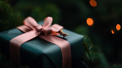 A Teal Christmas Gift Box with a Pink Ribbon Underneath a Christmas Tree