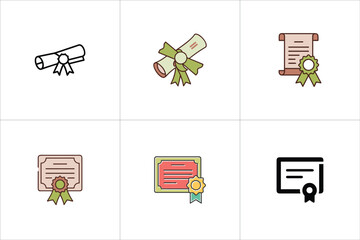Grid of six certificate and diploma icons in various styles including minimalist colorful and detailed designs  
