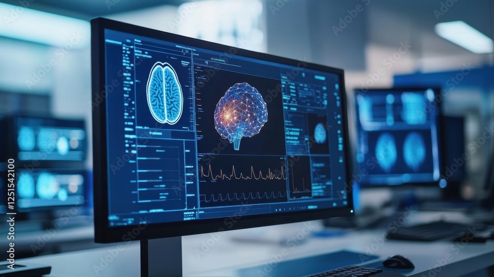 Poster advanced computer screens display detailed brain scans and neural network data, illustrating cutting