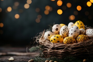 Colorful decorated eggs in a rustic basket surrounded by festive lights