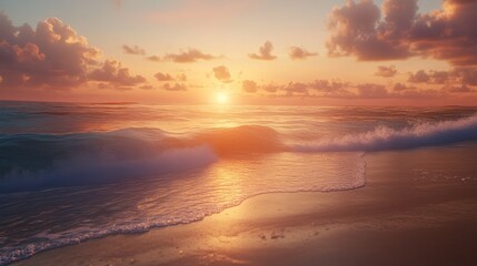 Fototapeta premium Golden Hour Serenity: Ocean Waves Kissing Sandy Shore Under a Twilight Sky