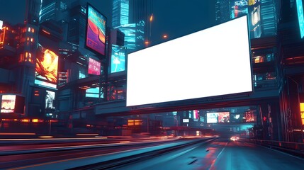 A futuristic metropolis at night with a white blank billboard positioned above a high-speed highway. The motion blur of passing vehicles adds energy, while the ambient glow of neon signs and