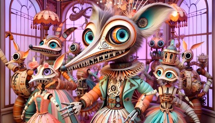 Naklejka premium Autómatas de Papel: Fantasía Mecánica y Arte Quilling