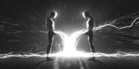 Obraz premium Two digital humanoid forms exchanging electric energy in a dramatic scene electricity exchange, futuristic connection, artificial intelligence, cyber energy, sci-fi visualization