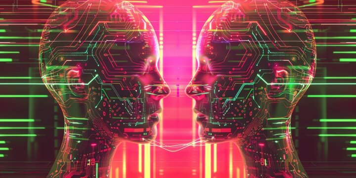 Two futuristic robot heads with glowing circuits in vibrant colors
artificial intelligence, robotics, cybernetic systems, futuristic design, technological advancement