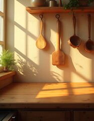 Wooden Kitchen Utensils Hanging in Sunlight