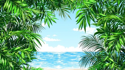 Fototapeta premium Tropical Beach Scene Framed by Lush Palm Trees. Possible use Stock photo for travel brochures, greeting cards, or backgrounds