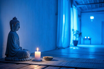 Serene Buddha statue, candlelit meditation room, peaceful background, yoga studio