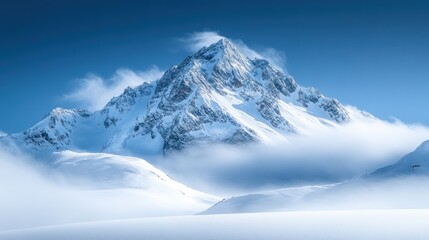 Obraz premium Snowy peak, windswept summit, winter landscape, cloud sea, travel poster