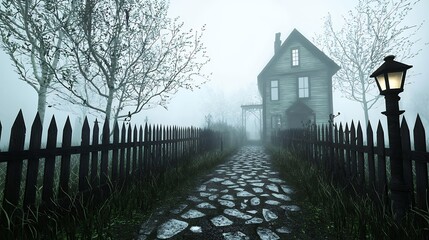 Misty Morning House Weathered Exterior, Stone Path, and Wooden Fence