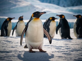 Obraz premium AI-generated image of an adorable penguin standing gracefully in a snowy landscape. Perfect for wildlife, nature, and Arctic-themed stock photography.