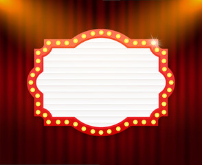 Illuminated blank billboard with glowing lights on red curtain background