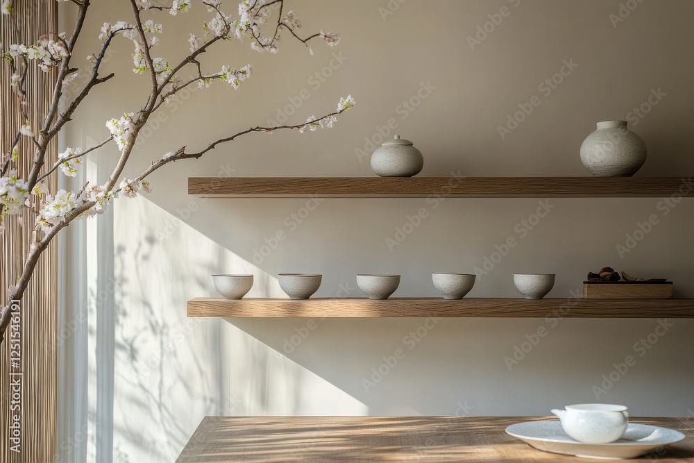 Poster minimalist interior design featuring pottery and natural light in a serene setting