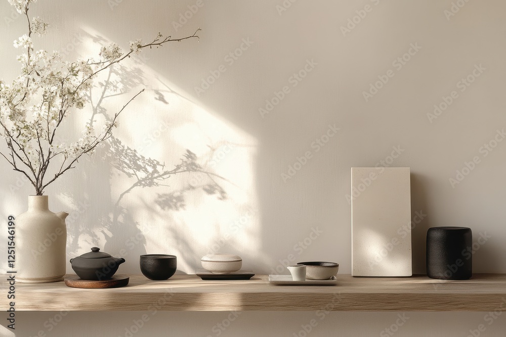 Poster Elegant display of minimalistic ceramics and natural elements in a calm interior setting