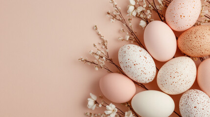 Elegant Easter decoration with quail eggs and white flowers on a pink background, featuring a delicate floral design and feminine charm.