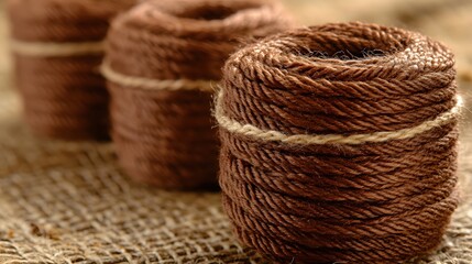 Obraz premium Three Brown Yarn Rolls on Burlap Fabric Surface Close Up with Shallow Depth of Field Detail