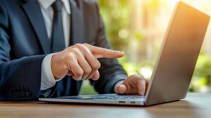 Person In Suit Pointing At Laptop Screen Outdoors