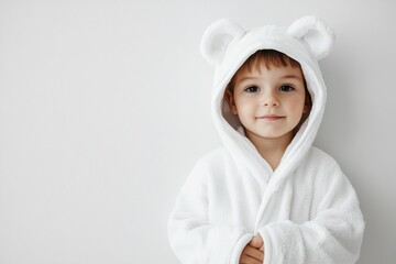 Child dressed in a white bear-themed bathrobe smiles warmly in a bright, minimalist setting