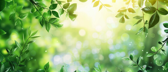 Green leaves plants. Spring background, backlit by bright sun with bokeh. Greenery environment,  ecology. Calm composition, wallpaper.