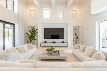 Modern spacious living room with cozy seating and natural light in a contemporary home design